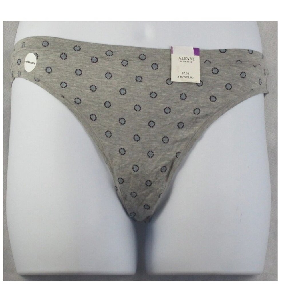 Alfani Women's Ultra Soft Rayon Thong Panty Underwear, Gray Geometric Circles